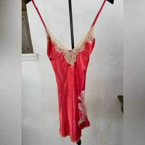 Vintage Frederick's of Hollywood Coral Satin Slip with Cream Lace